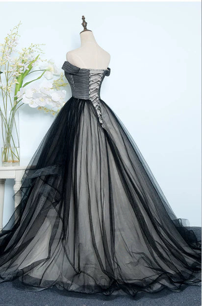 Luolandi Beautiful Black Tulle Off Shoulder Floor Length Gown Evening Dress Elegant Prom Dress
